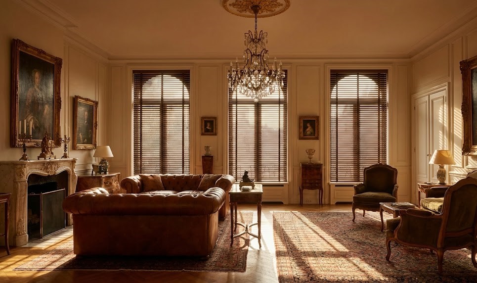 Không gian phòng khách đẳng cấp Châu Âu với rèm sáo gỗ tự nhiên