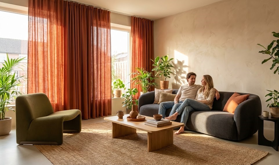 Rèm cửa màu cam đất terracotta cá tính xu hướng 2026